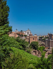 Fototapeta na wymiar Rome Italy, view of the Roman Forum under clear blue sky