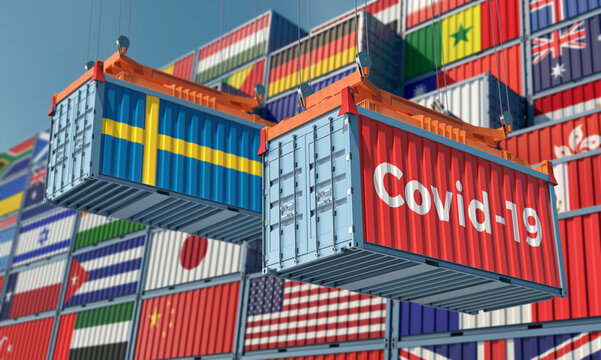 Container with Coronavirus Covid-19 text on the side and container with Sweden Flag. Concept of international trade spreading the Corona virus. 3D Rendering © Marius Faust