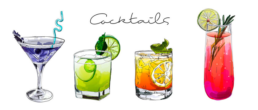 Hand drawn illustration of set of cocktails.