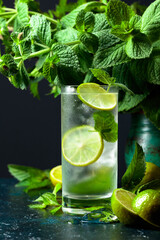 Refreshing summer drink with lime, mint and ice.