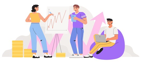 Obraz premium Economics strategy, analysis of sales, statistic grow data illustration for banner, landing or web page. People collect data and analyse business, investment in innovation. Team make presentation.