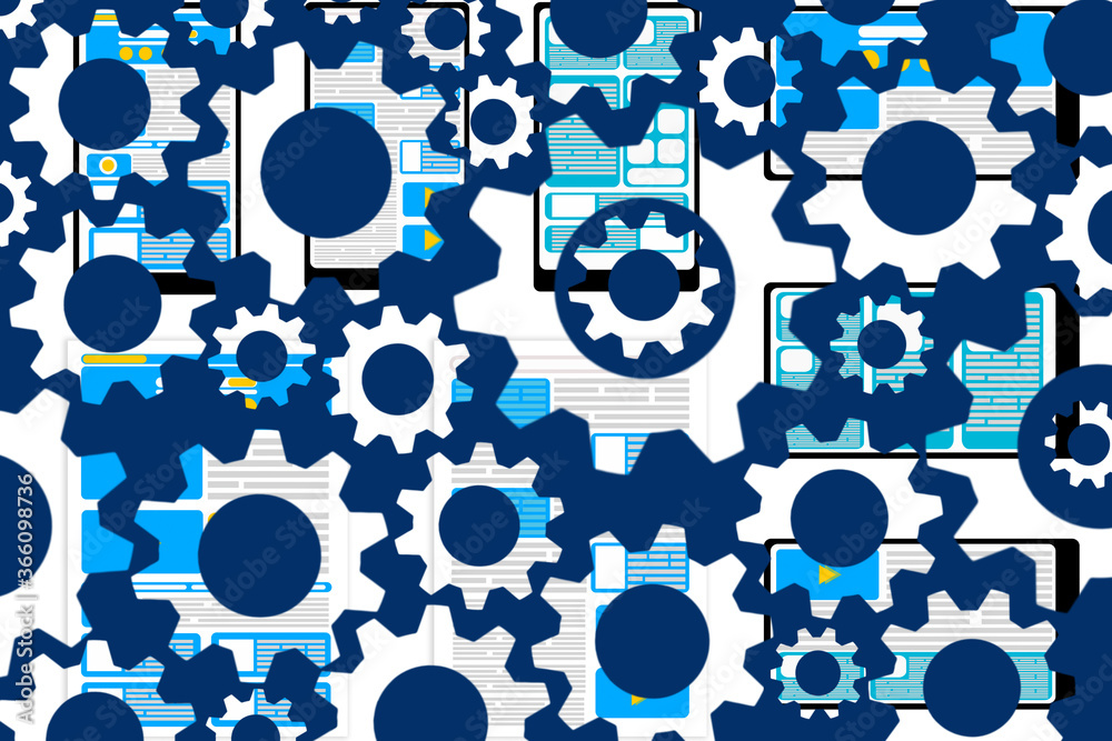 Poster background on theme of web development. mobile application development. lots of gears next to app mo