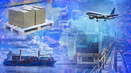 Cargo transportation. Airplane train and cargo ship are nearby. Logistic business. Cargo...