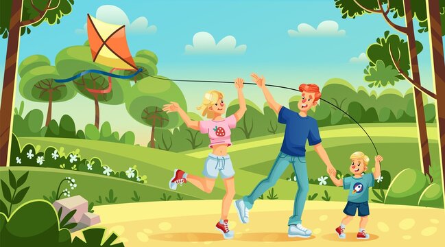 Young family son flying kite in city park. Mother, father, child playing active game enjoying outdoor activity. Parent kid spending leisure time on open air. Joint summer weekend or vacation pastime