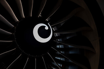 Turbine blades of an aircraft jet engine. Close up Turbines Engine. Aviation Technologies. Aircraft jet black detail during maintenance. Background. Macro.