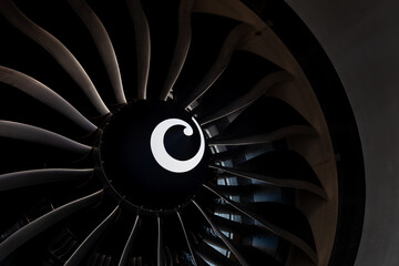 Turbine blades of an aircraft jet engine. Close up Turbines Engine. Aviation Technologies. Aircraft...