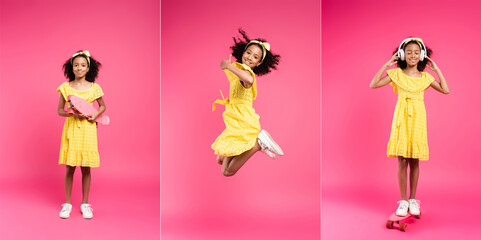 Obraz na płótnie Canvas full length view of smiling curly african american child in yellow outfit and headphones with penny board on pink background, collage
