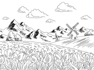 Tulip flower field graphic black white landscape sketch illustration vector