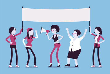 Fototapeta premium Feminist movement protest, female group with banner. Women in active gathering, political campaign for social reforms against domestic, sexual violence, shouting. Vector creative stylized illustration
