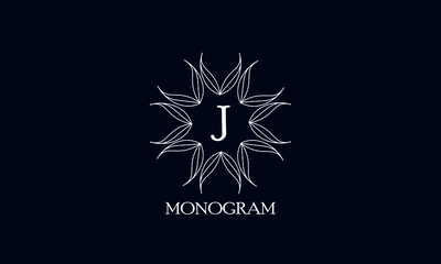 Creative monogram design with letter J on a black background. Sample logo for antiques, restaurant, cafe, boutique, hotel, heraldry and jewelry.