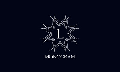 Creative monogram design with letter L on a black background. Sample logo for antiques, restaurant, cafe, boutique, hotel, heraldry and jewelry.