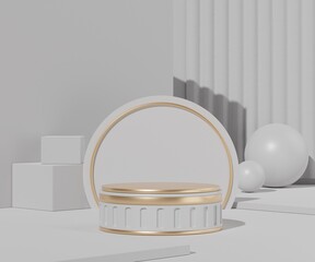 3d rendering of White gold podium with geometric shapes. Fashion show stage,pedestal, shopfront with clean theme. Minimal scene for  product display.