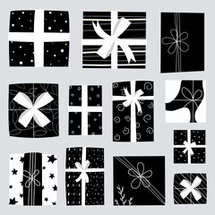 Set of gift boxes silhouette. Collection of high quality black icon for mobile concepts and web design. Core values set in trendy flat style. Vector illustration