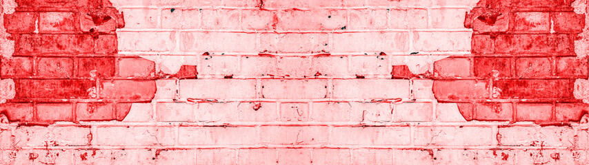 Red white painted damaged rustic brick wall texture banner panorama