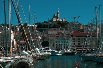 Panoramic view of boats moored in the Old Port of Marseille. It has been the natural harbor of the city since antiquity and is now the main popular place in Marseille. 