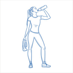 Young girl drinks water after training in leggings with a towel. Hand drawn blue outline. Fitness woman Full length. Line art cartoon vector illustration.