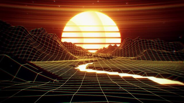 3D Retro Synthwave River Landscape VJ Loop Background