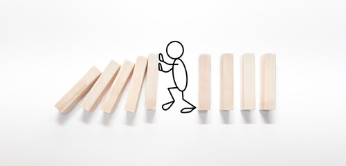 Outline of a person stopping the Domino effect on a white background. The concept of reliability,...