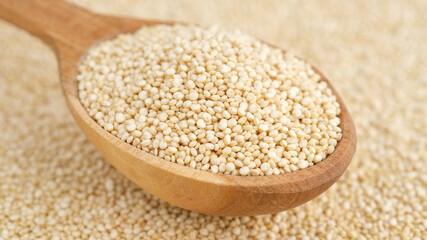 quinoa seeds in wooden spoon and on background. top view