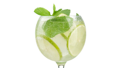mojito cocktail in an elegant glass. Refreshing drink with sparkling water, lime and mint