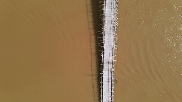 Drone view over the bamboo bridge of Koh Paen, Cambodia