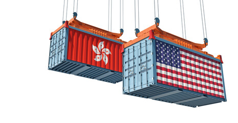 Freight containers with Hong Kong and USA flag. Isolated on White. 3D Rendering 