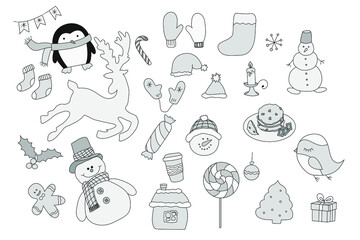 Thematic sketch. Winter sketch. Vector. Background. Illustration. Deer, snowman, lollipop, candy, gift, candle, snowman