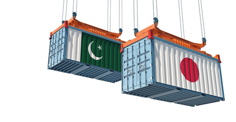 Freight containers with Pakistan and Japan flag. 3D Rendering 
