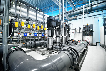 Pump station for reverse osmosis industrial city water treatment station. Wide angle perspective