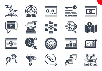 SEO Glyph Icons Set. SEO Related Vector Glyph Icons. Website and APP Design and Development. Simple Solid Pictogram Pack. Stroke Vector Logo Concept, Web Graphic. Vector icons.
