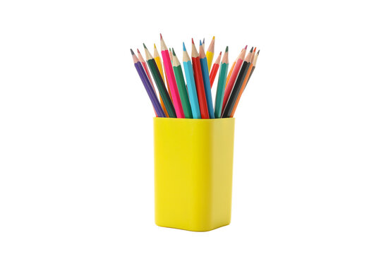 Yellow stand with pencils isolated on white background
