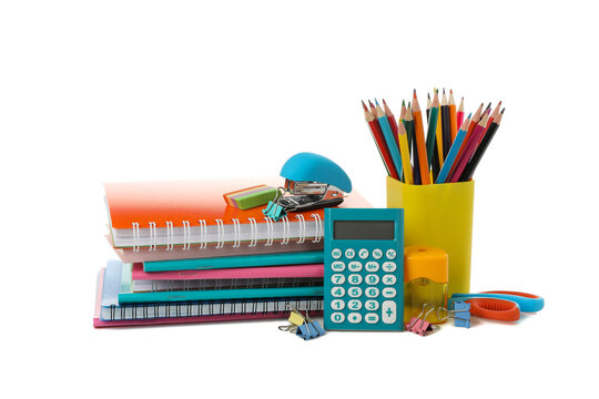 Different school supplies isolated on white background