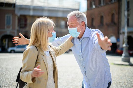 Love In The Time Of Coronavirus. Senior Couple Meeting Again After A Long Lockdown