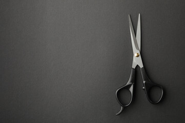 Black hairdresser scissors on black background, space for text