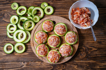 Fresh green zucchini cut into circles prepared for stuffing