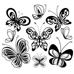Black and white set of butterflies