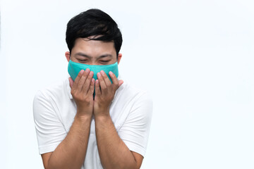 Portrait of man wear protect mask on white background,Wearing face mask for prevent COVID-19 Pandemic Coronavirus,worker with medical mask for against and stop coronavirus