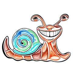 Garden snail smiles hand drawn with color markers decorative style sketch isolated on a white background.