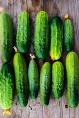 fresh cucumbers on a wooden table