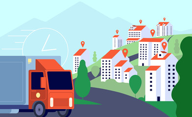 Delivery truck in city. Commercial post, fast express mobile transportation. Gps tracking services, smart logistic vector illustration. Commercial post shipping, delivery carry package