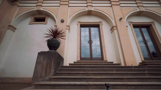 Historic building in Wallenstein palace with blue peacock, perched elegantly in front of luxury estate