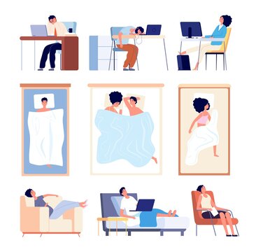 People sleeping. Couple sleep in bed blanket, flat tired man woman. Isolated asleep characters on sofa at desk in chair vector illustration. Couple in bedroom, person sleep on work and in chair