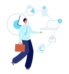 Multitask working man. Executive entrepreneur, smart skill businessman. Self time planning manager, productive employee vector illustration. Productivity guy workaholic, businessman smart overworked