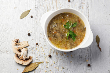 mushroom soup with oatmeal top view - obrazy, fototapety, plakaty