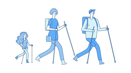 Family trip. Hiking trekking, mom dad daughter lead healthy lifestyle. People walk in nature vector illustration. Trekking and hiking activity, trip family