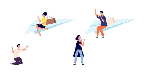 Fototapeta na wymiar Divorce or separation. Girl guy walk away from partners. Bad relationships, frustrated and happy people. Man flies away on paper airplane vector illustration. Separation and divorce relationship