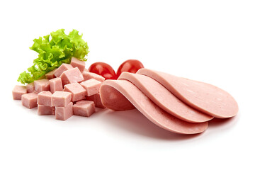Boiled Bologna Sausage, Sliced Italian mortadella, isolated on a white background © GSDesign