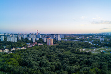 panoramic views of the city infrastructure in the evening filmed from a drone