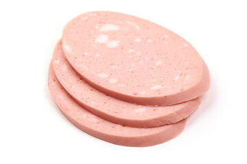 Boiled Bologna Sausage, Sliced Italian mortadella, isolated on a white background