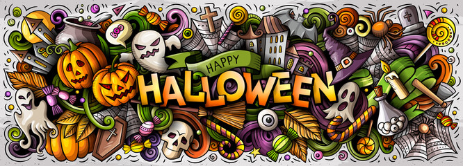 Happy Halloween hand drawn cartoon doodles illustration.